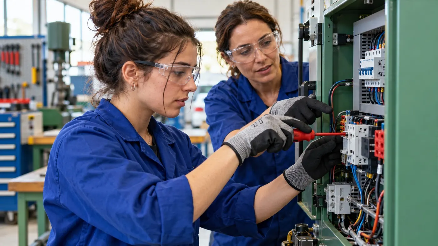 Alumna e instructora en una actividad de formación técnica