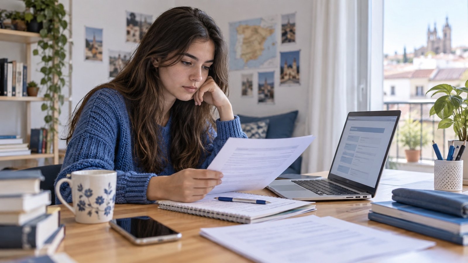 Estudiante revisando documentos para solicitar o actualizar una beca de estudios