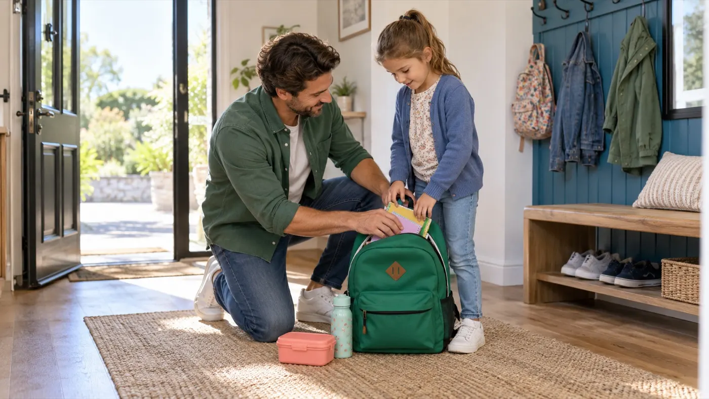 Familia preparando la mochila y el material escolar de un menor