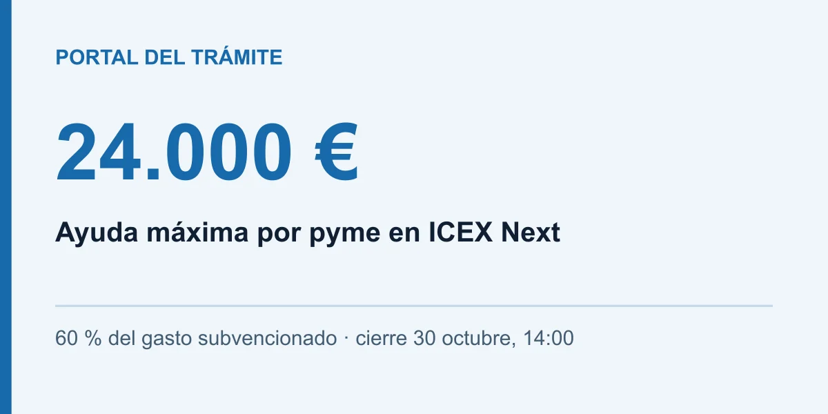 24.000 €: Ayuda máxima por pyme en ICEX Next. 60 % del gasto subvencionado · cierre 30 octubre, 14:00