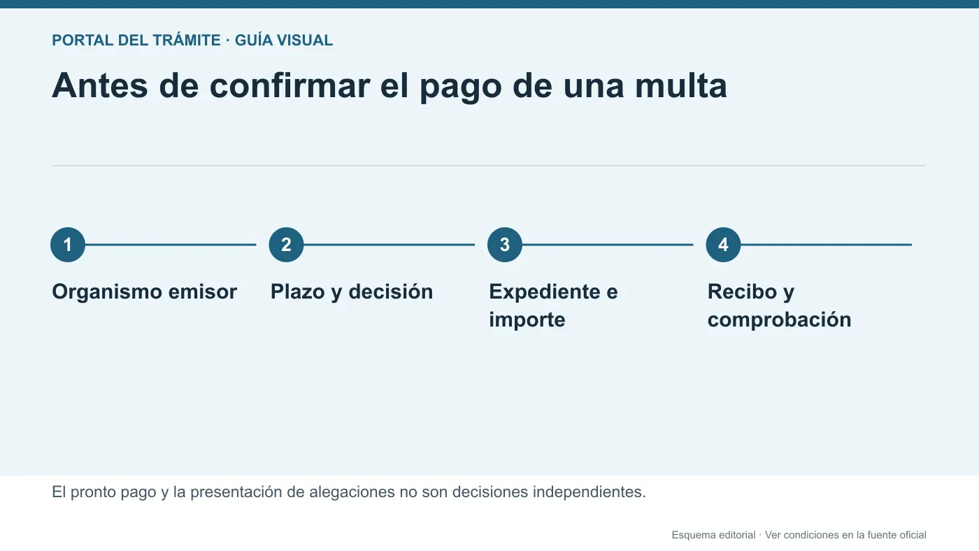 Comprobación del organismo sancionador, plazo, expediente y recibo antes de pagar una multa de tráfico