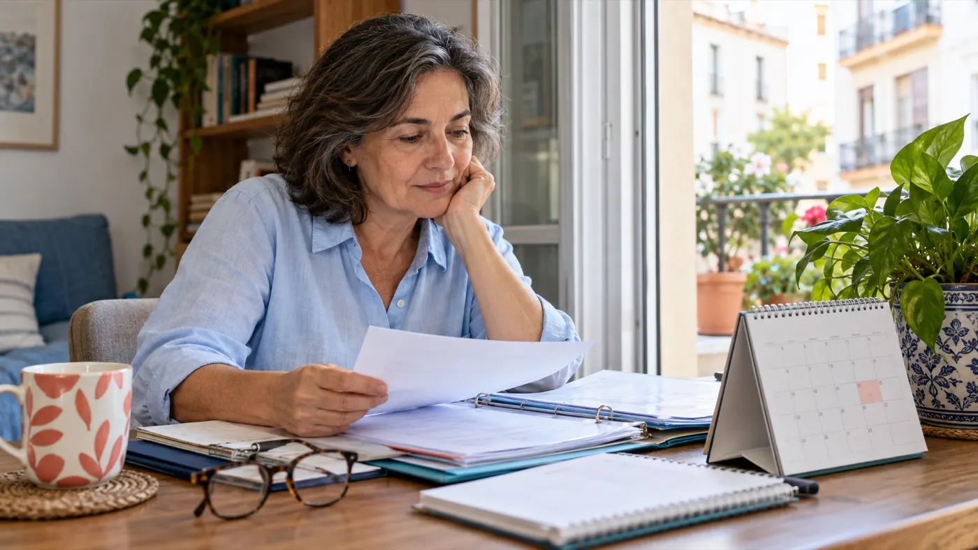 Mujer organizando su calendario y documentación laboral