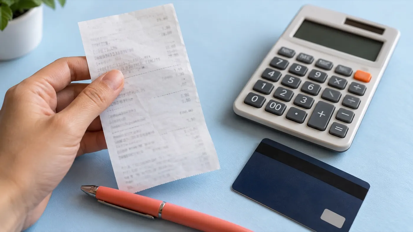 Justificante ilustrativo de pago junto a una calculadora